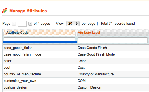 magento attribute codes screenshot