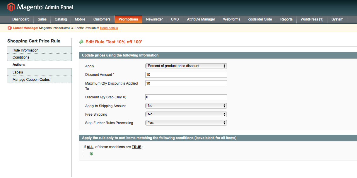 Magento Promotions - Actions Tab Demonstration