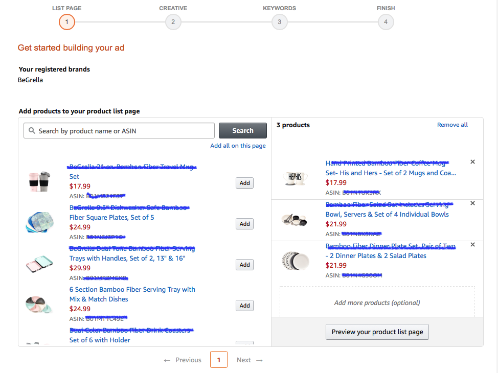 Amazon Headline search ads landing page product selection