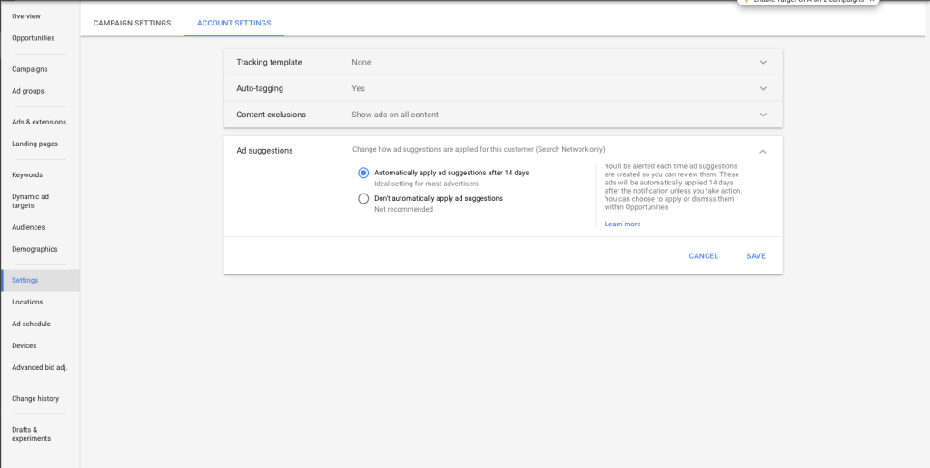 Opt out of auto accept adwords suggestions