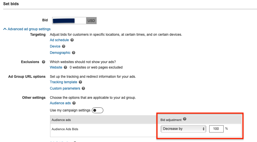 Bing Ads decrease audience ads bid at adgroup level